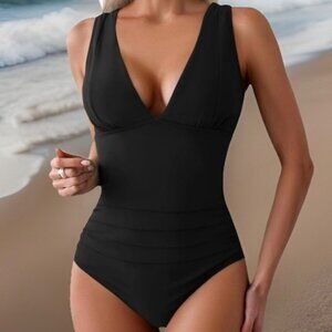 Eomenie Womens One Piece Swimsuit Large Black Ribbed V Neck Tummy Control